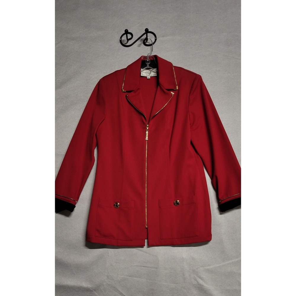 Vintage Red St John Zip Up  Jacket  With Gold Trim And Buttons Size M